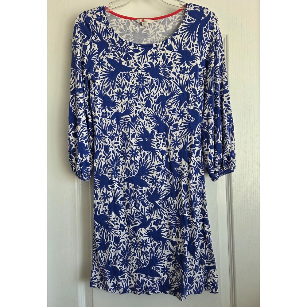 Boden Lucie Jersey Blue White Bird Floral Print 3/4 Sleeve Tunic Dress Sz 6 - Picture 2 of 6
